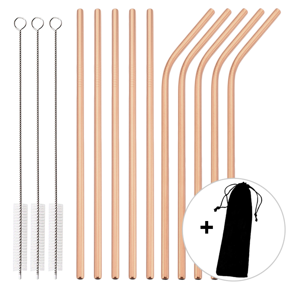 Home Bar Setup - 14Pcs Reusable Rose Gold Straw Set